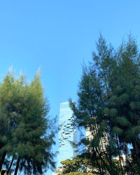 Low angle view of trees against clear blue sky