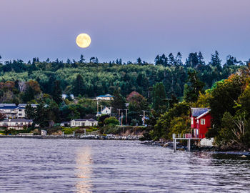 Scenic view of river by houses against clear sky