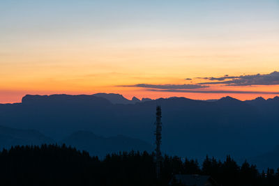 Scenic view of silhouette mountains against sky during sunset