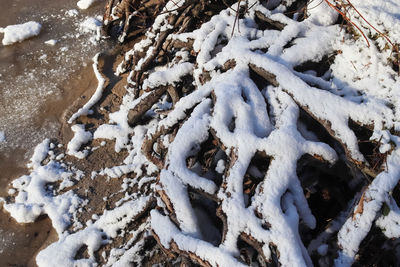 High angle view of snow on land