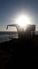 Silhouette man in sea against sky during sunset