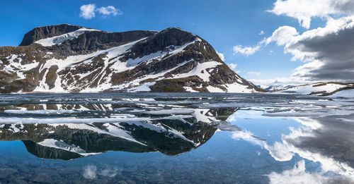 Scenic view of snow covered mountains against sky