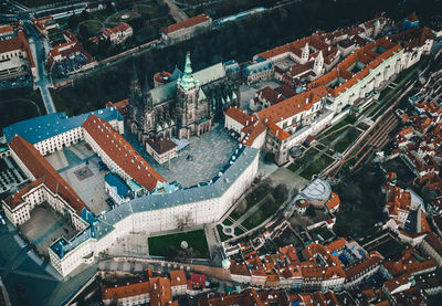 High angle view of illuminated buildings in town