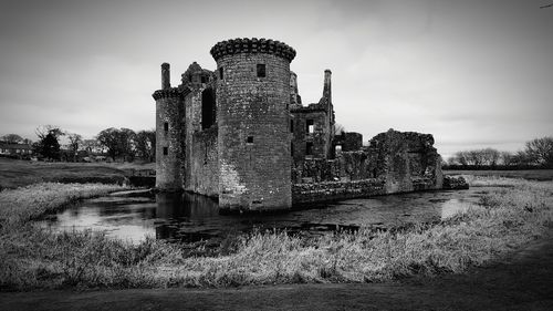 Abandoned built structure on field against sky