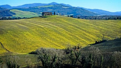 Scenic view of agricultural field by mountains against sky