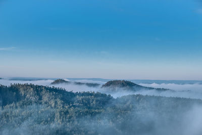 Scenic view of foggy weather against sky