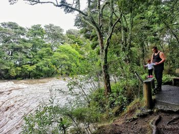 Woman standing by tree in forest against sky