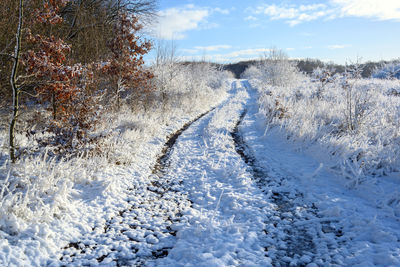 Snow covered land against sky