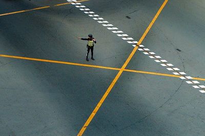 High angle view of men on road