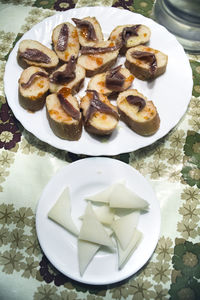 High angle view of dessert in plate on table