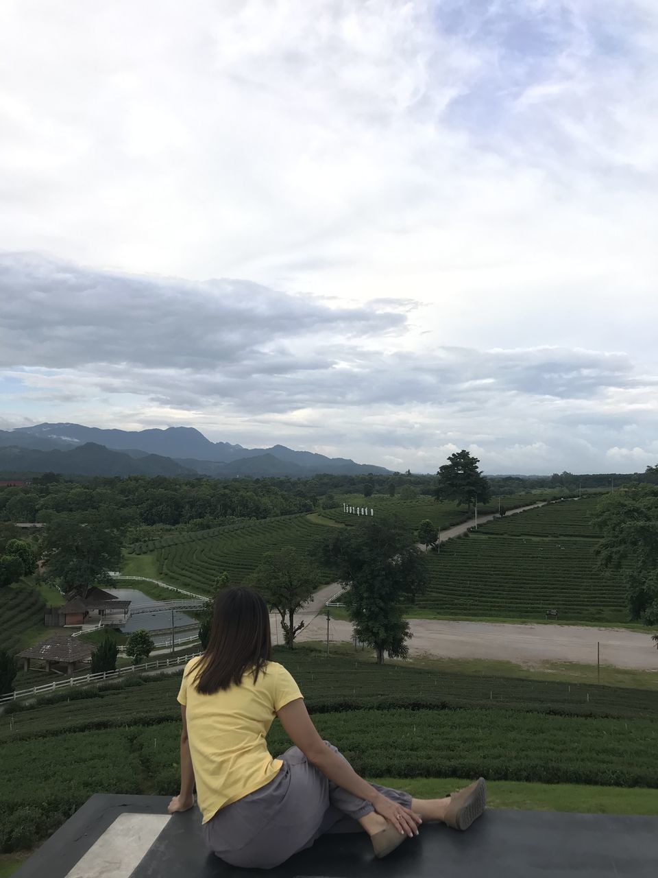 REAR VIEW OF WOMAN SITTING AGAINST SKY