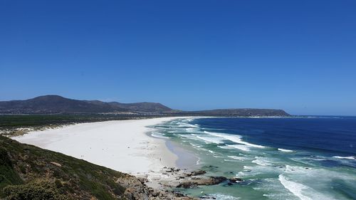 Scenic view of sea against clear blue sky