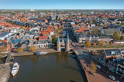 Aerial from the historical city sneek with the watergate in friesland the netherlands