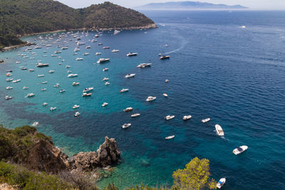 High angle view of rocks on sea shore