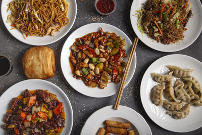 Variety of traditional chinese dishes. asian food. top view, flat lay.