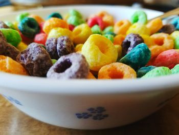 Close-up of flavored cereals in bowl