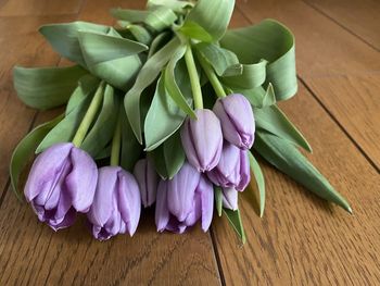 High angle view of purple flower on table