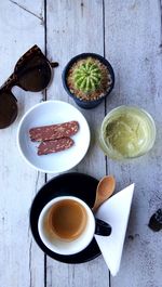 High angle view of breakfast on table