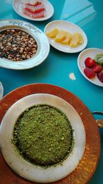 High angle view of breakfast served on table