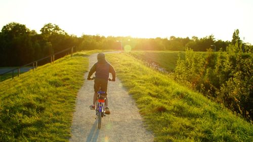 Rear view of boy riding bicycle on road during sunny day