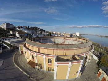 High angle view of buildings against sky