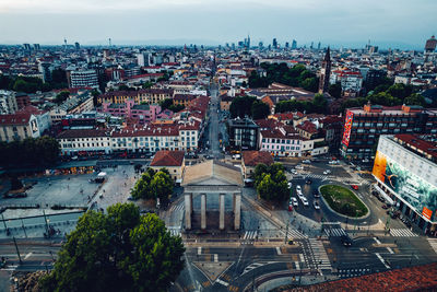 High angle view of street amidst buildings in city