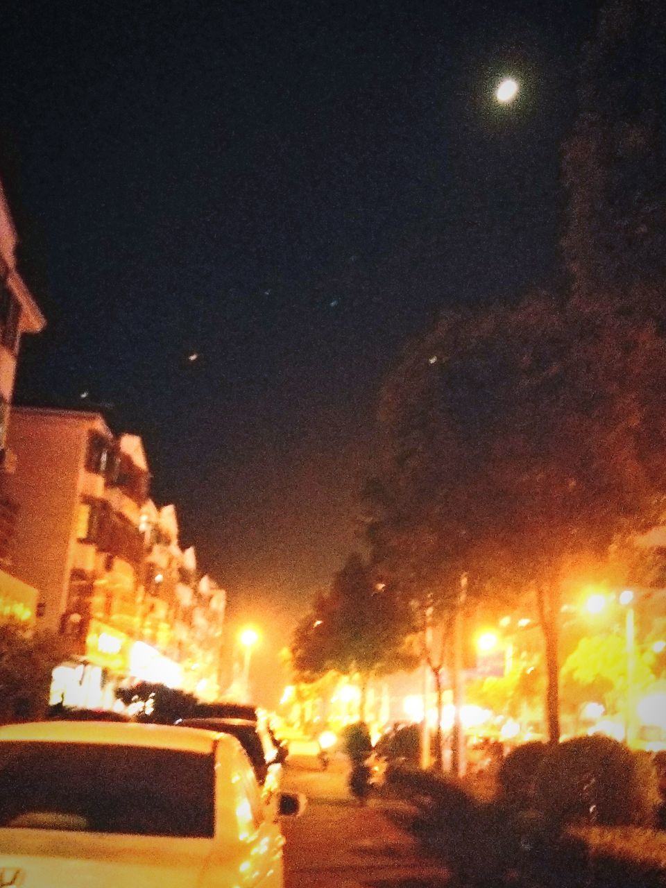 night, illuminated, car, street, city, moon, sky, no people, outdoors, tree