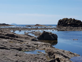 Scenic view of rocks on beach against sky