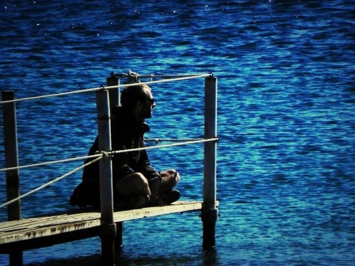 water, animal themes, one animal, sea, blue, animals in the wild, wildlife, nature, railing, rippled, bird, wood - material, mammal, rope, day, perching, no people, metal, outdoors, lake