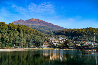 Scenic view of lake by buildings against sky