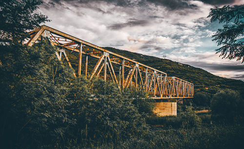 Low angle view of bridge in forest against sky