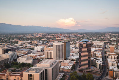 Tucson arizona downtown buildings. santa catalina mountains in distance. drone view.