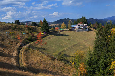 High angle view of field against sky