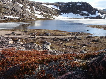 Scenic view of lake by snowcapped mountains