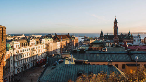 High angle view of buildings against sky