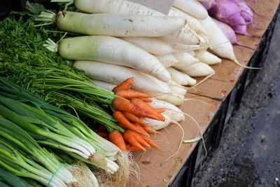 High angle view of vegetables for sale at market stall