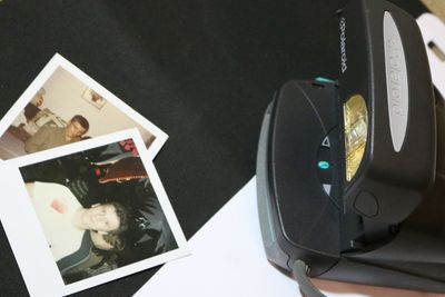 High angle view of camera on table