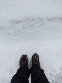 Low section of person standing on snowcapped mountain