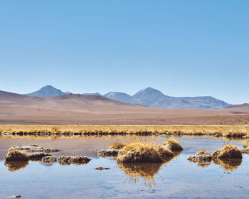 Scenic view of mountains against clear blue sky