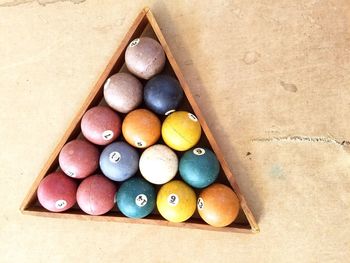 High angle view of colorful balls on pool table