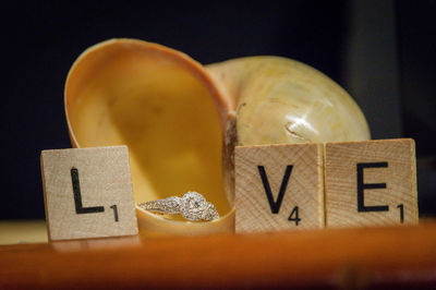 Close-up of text on table