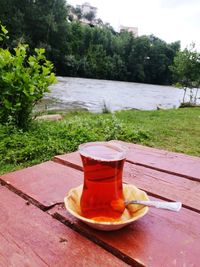 Tea cup on table against trees