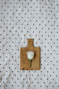 Directly above shot of eustoma flower on small cutting board and polka dots background