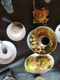 High angle view of food served on table