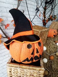 Close-up of pumpkin on wood during halloween