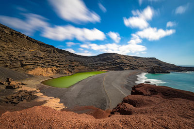 Scenic view of sea and mountains against sky