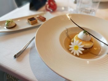 High angle view of dessert served in plate at restaurant