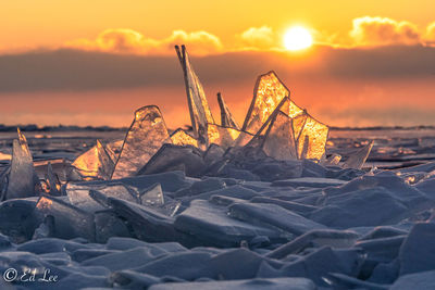 Close-up of ice on land against sky during sunset