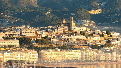 High angle view of buildings in city