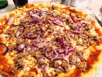 High angle view of pizza served in plate